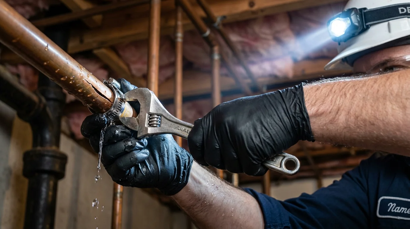 Emergency pipe clamp repair being performed by a Johns Plumbing LLC plumber in Thibodaux
