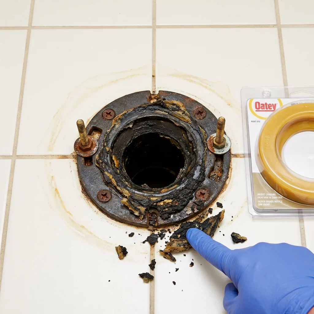 Failed wax ring showing water seepage at the base of a toilet in a Thibodaux, LA home