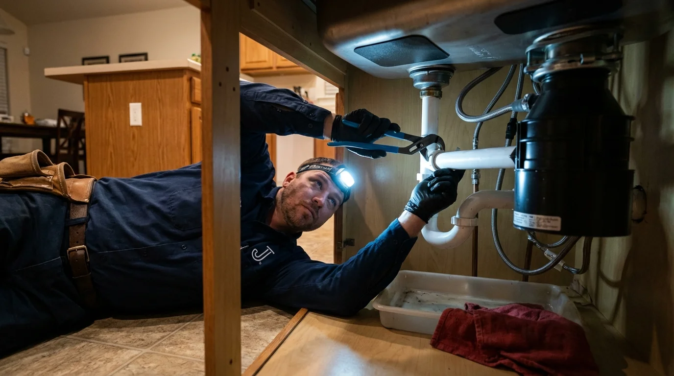 P-trap and supply line connections under a kitchen sink showing a common leak point in Thibodaux, LA